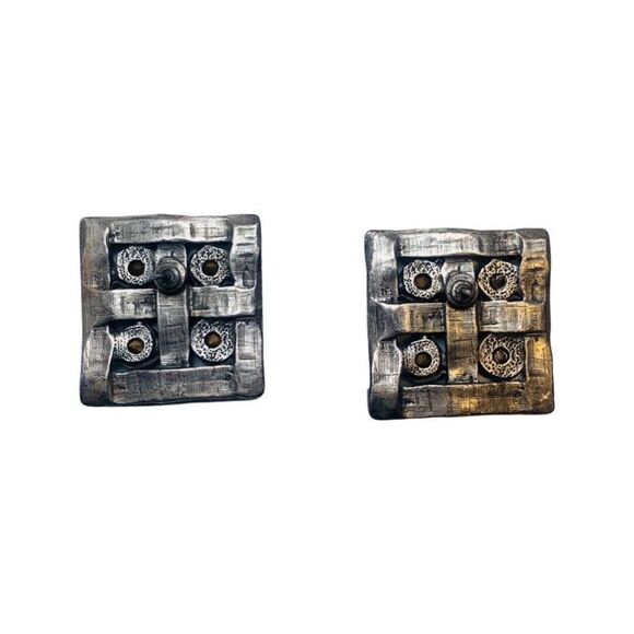 Vintage Large Square Silver Tone Purple Blue Rhinestone Pierced Button Earrings - Picture 6 of 6